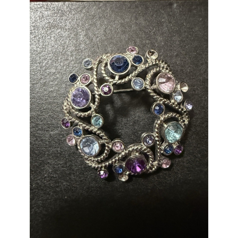NAPIER Brooch/Pin Signed Estate Vintage Blue Teal Purple Rhinestones Silver Tone